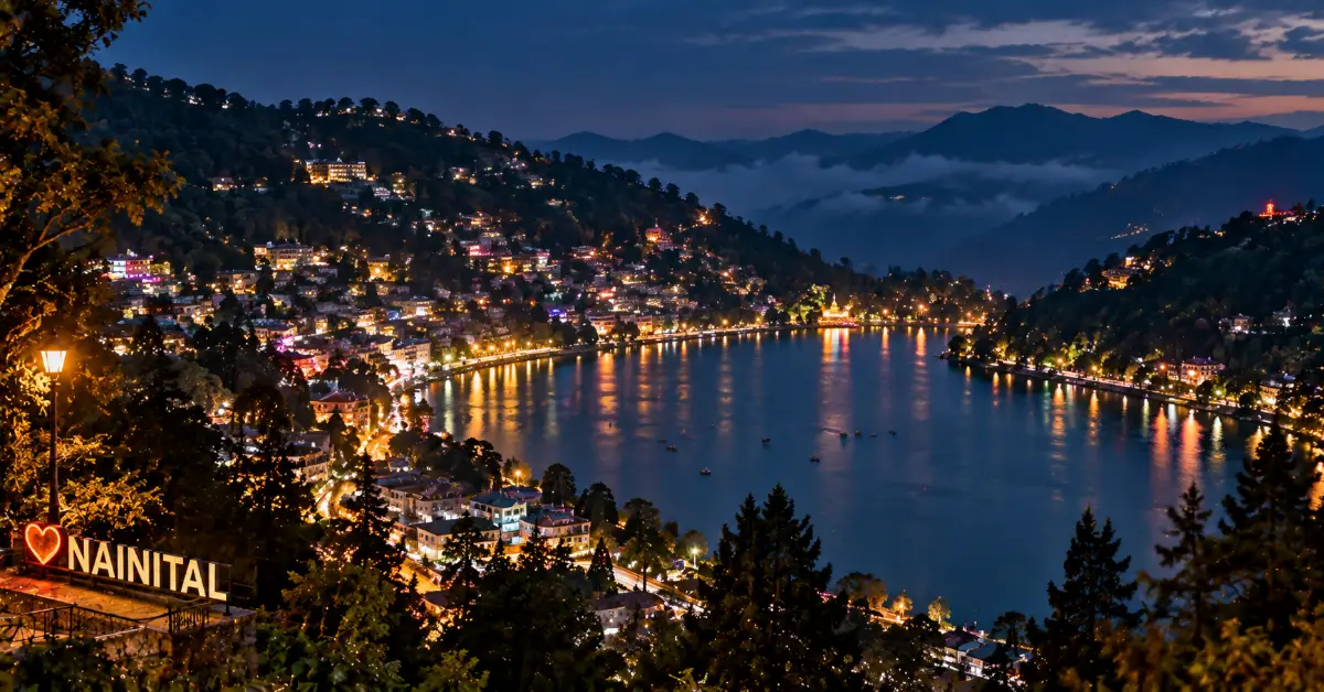 TripMyIndia – Explore India & Plan Your Perfect Trip 9 Nainital Lake illuminated at night, surrounded by hillside homes and mountains in Uttarakhand, India.